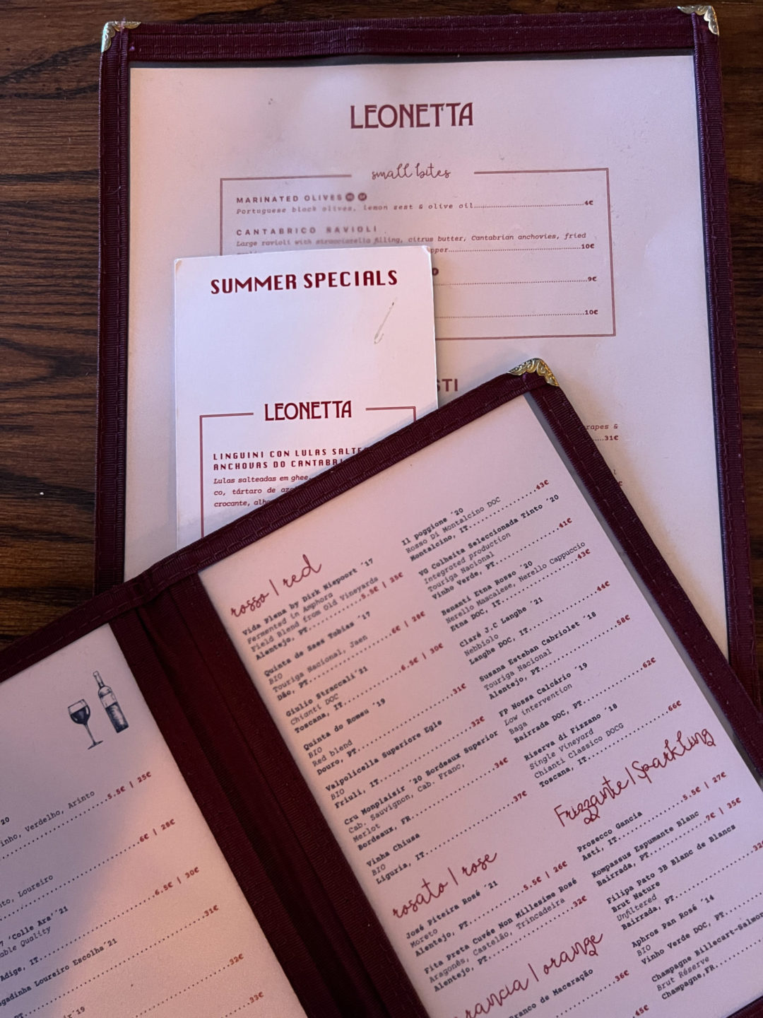 The menus at Leonetta in Lisbon, Portugal
