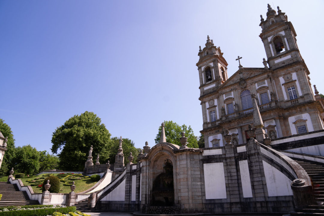 The cathedral and last set of stairs at the top of Bom Jesus Do Monte in Braga, Portugal
