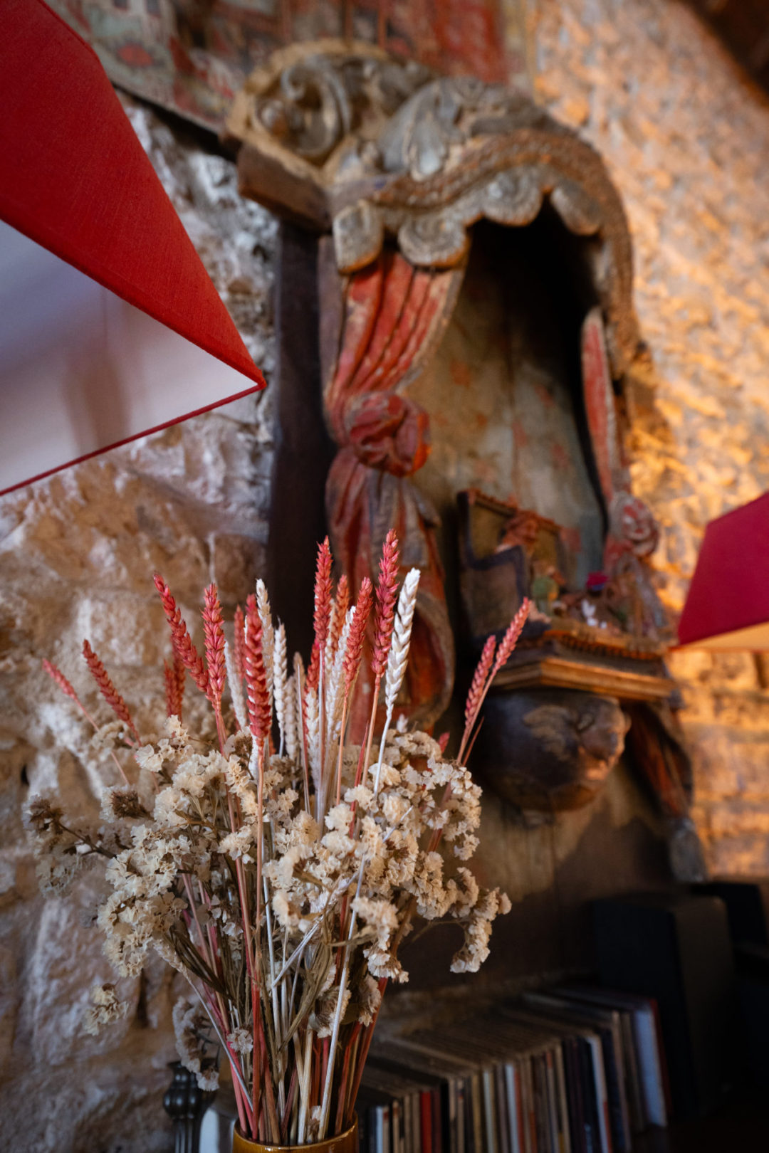 A close up of some themed wall decorations inside the medieval hotel, Torre De Maneys in Obidos, Portugal