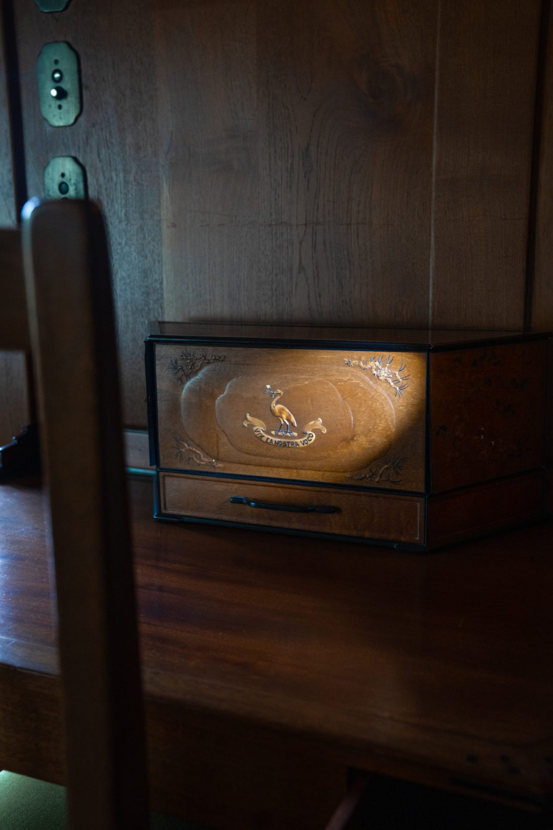 An antique box with the Gamble family crest inside the Gamble House in Pasadena, California