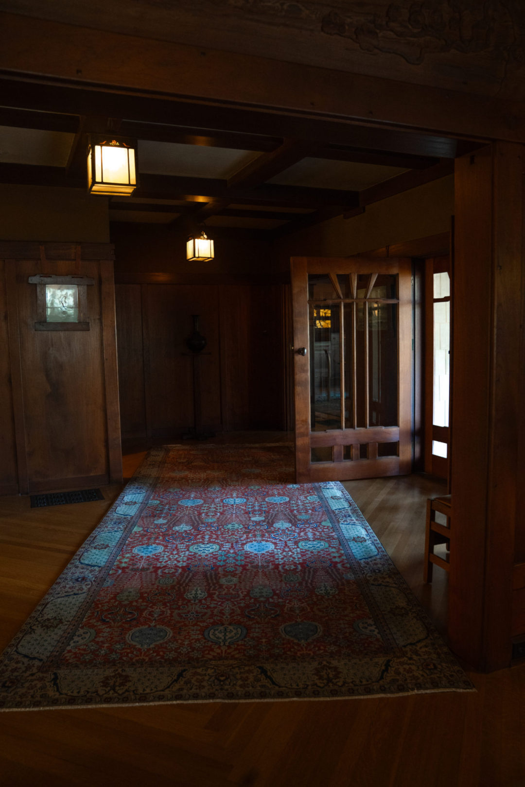 An antique Persian rug inside the entryway of the Gamble House in Pasadena