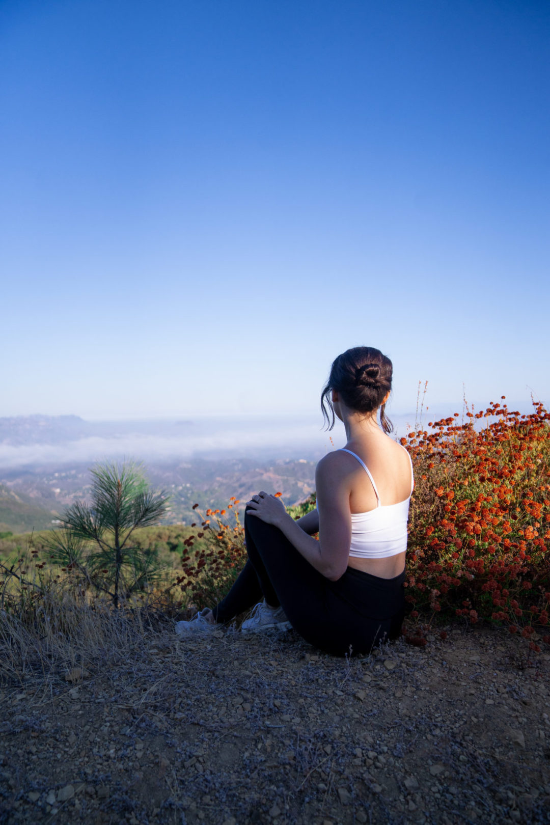 Travel Blogger Jordan Gassner sitting and looking out over a hiking viewpoint above the clouds in Topanga Canyon, California