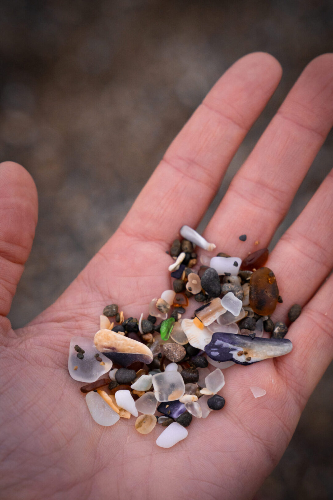 Jordan Gassner's hand outstretched with a bit of the colorful glass-sand from Glass Beach along the Northern California coast
