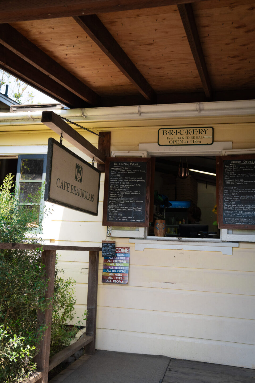 The front counter of The Brickery, an outdoor pizzeria at Cafe Beaujolais in Mendocino, California