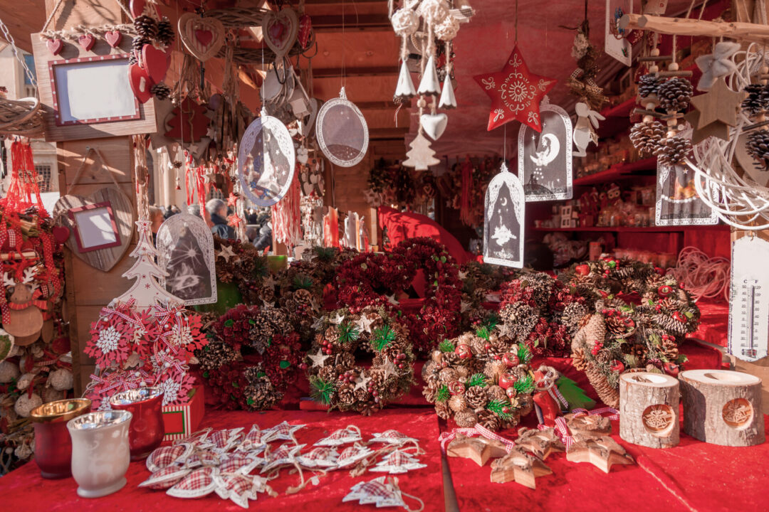The interior of a European Christmas market stall kiosk