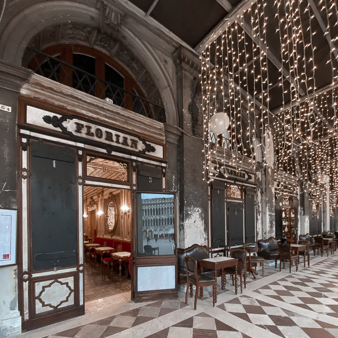 A world famous Caffè Florian decorated with Christmas lights in Venice, Italy