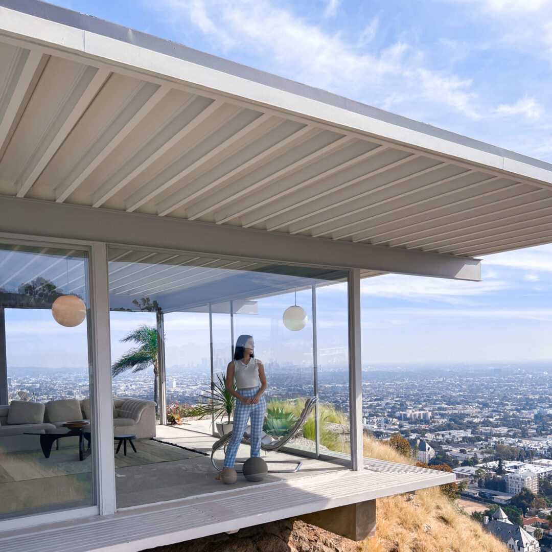 Travel Blogger Jordan Gassner enjoying the views from inside The Stahl House in West Hollywood, California