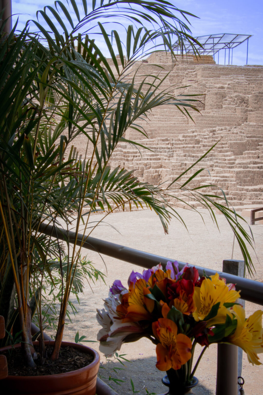 A view of Huaca Pucllana pyramid from the archaeological site's onsite restaurant in Lima, Peru