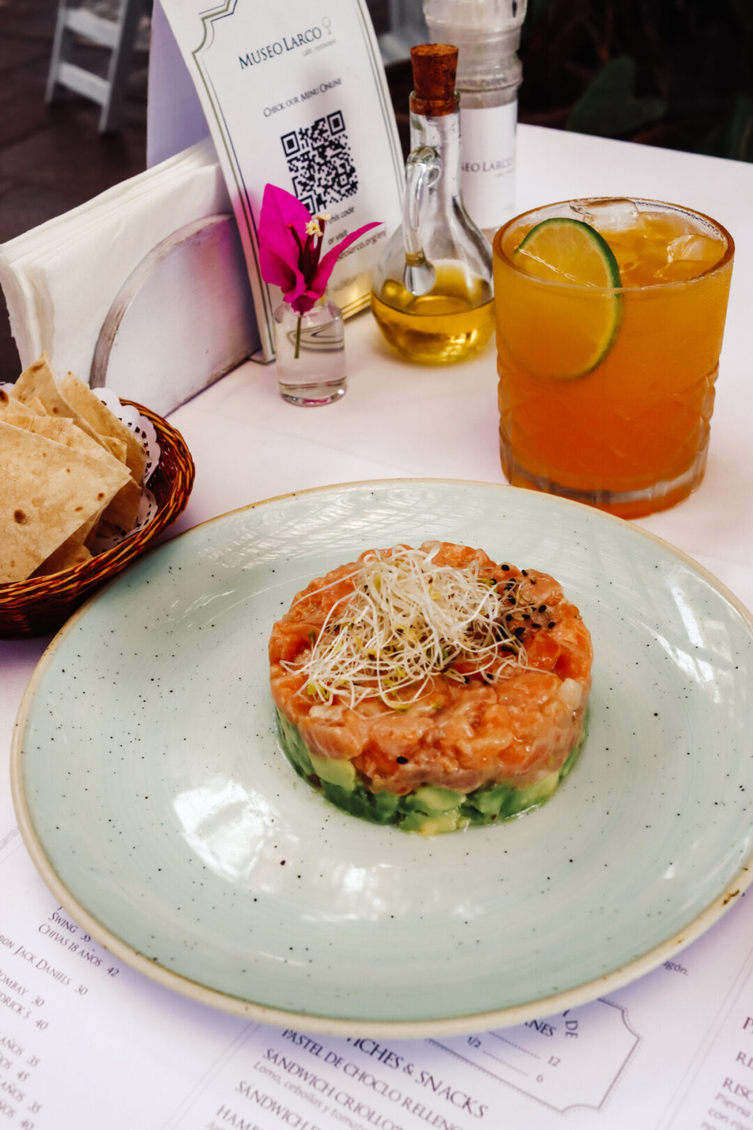 Salmon Tartare and a Margarita from Museo Larco Cafe + Restaurante in Lima, Peru