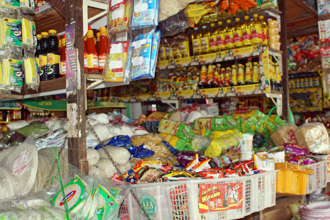 Packaged food and chips inside a market in Vietnam