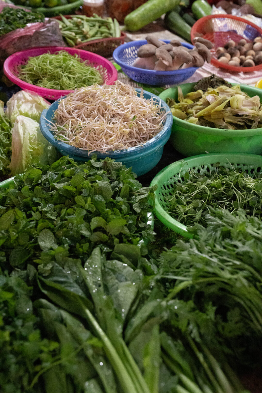 A spread of greens and vegetables from the local food market in Hoi An, Vietnam