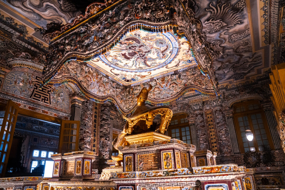 The gold centerpiece inside the Tomb of Khai Dinh in Hue, Vietnam