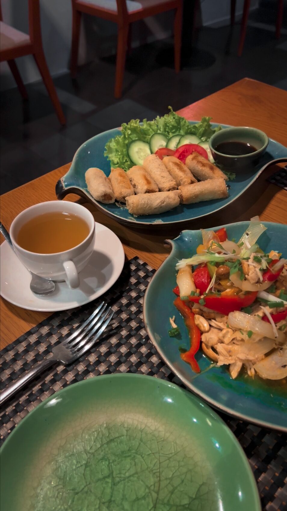 Cashew Nut Chicken, Traditional Vietnamese Spring Rolls and an Herbal Tea from Nha Hang Spice Viet Hue Restaurant in Hue, Vietnam