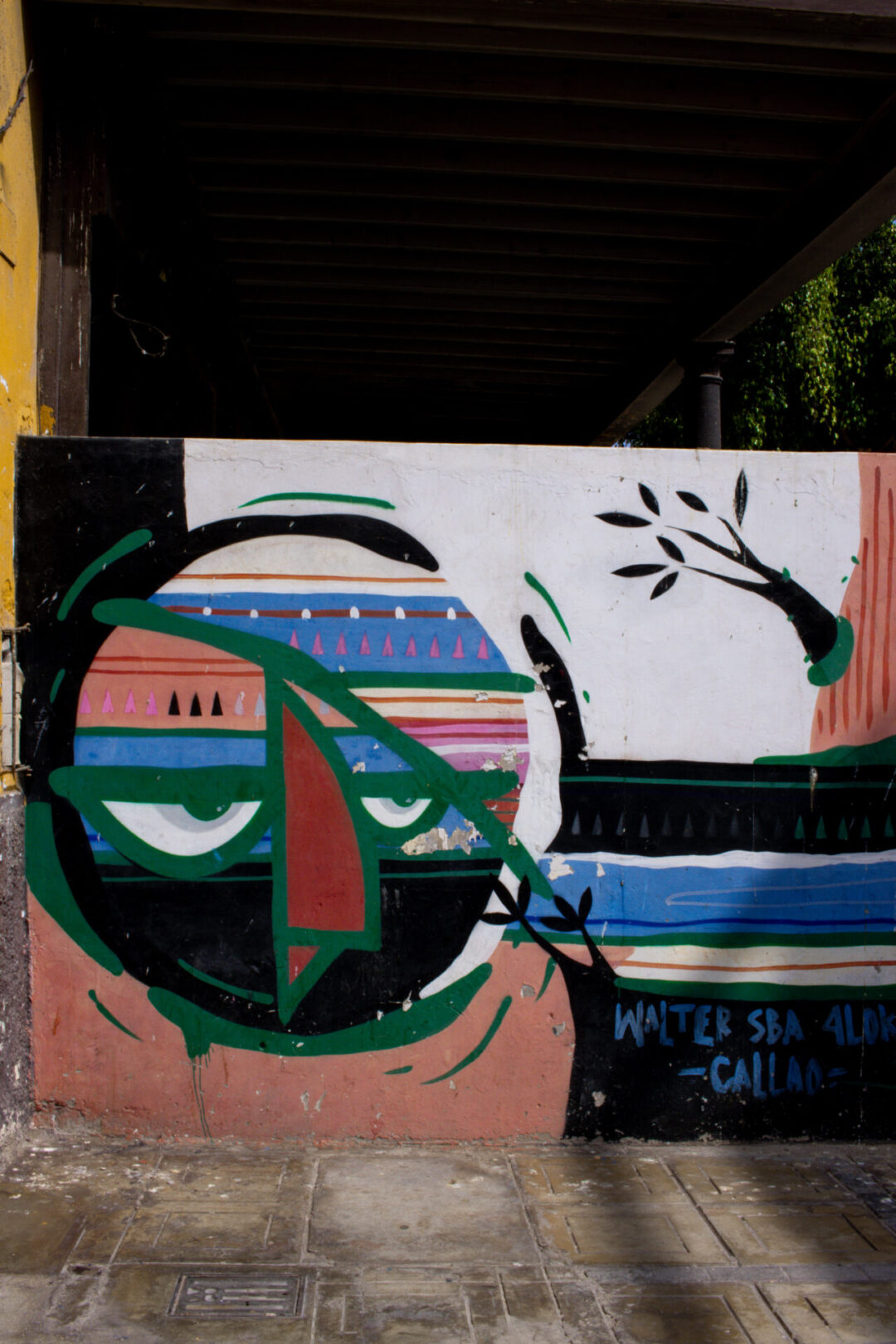 A colorful bird themed piece of graffiti in Callao, Peru