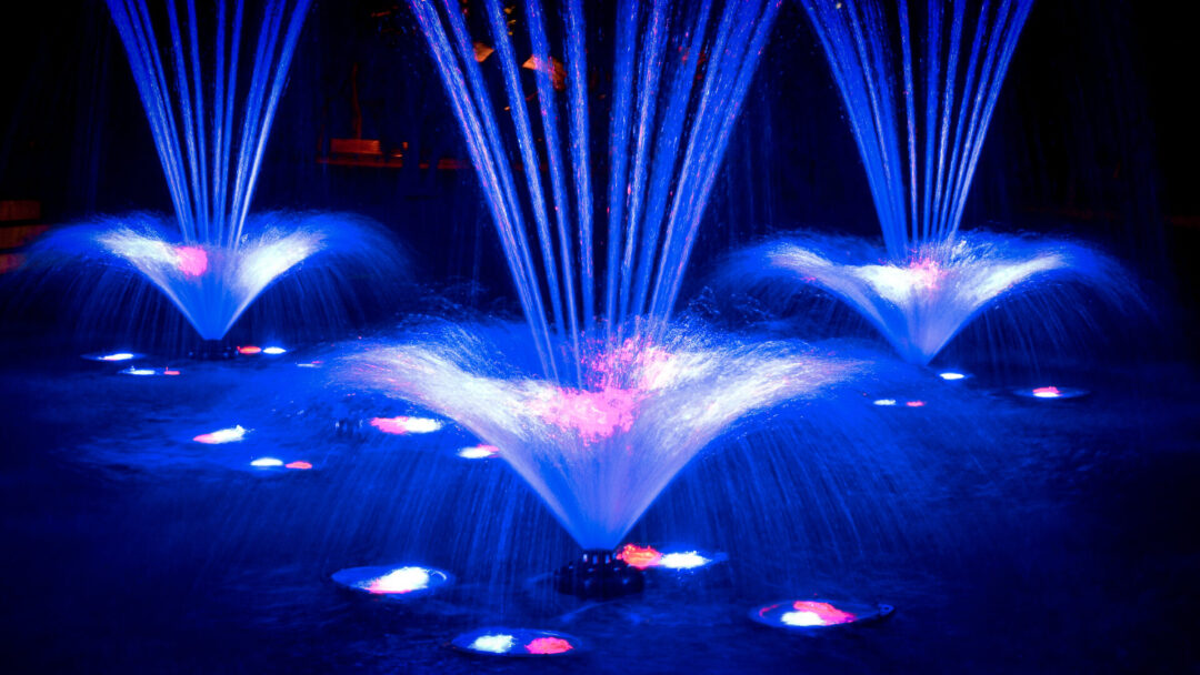 Illuminated, dancing water fountains from the Magic Water Circuit in Lima, Peru
