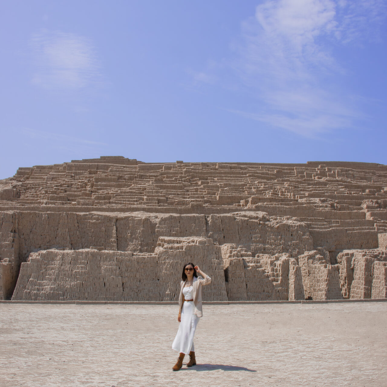 Travel Blogger Jordan Gassner, in front of the empty archaeological site of Huaca Pucllana