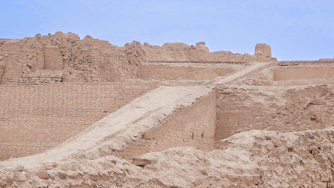 An excavated ramp leading up to a building within Pachacamac, an archaeological site in Lima, Peru 