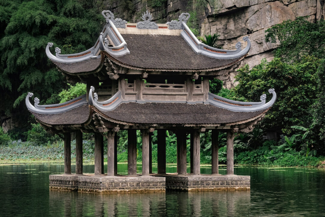 A double-roofed water pagoda in Trang An in Vietnam