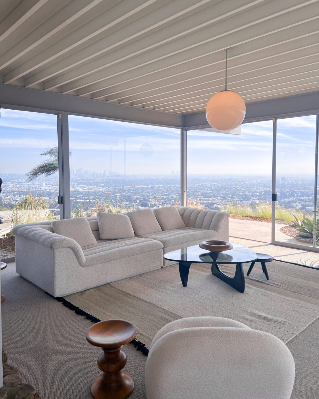 The living room inside The Stahl House in West Hollywood, California