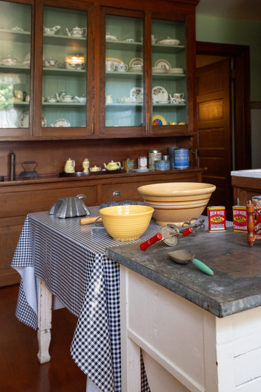 Home Tours in Los Angeles: Vintage cooking equipment on a kitchen island inside the Fenyes Mansion in Pasadena, California