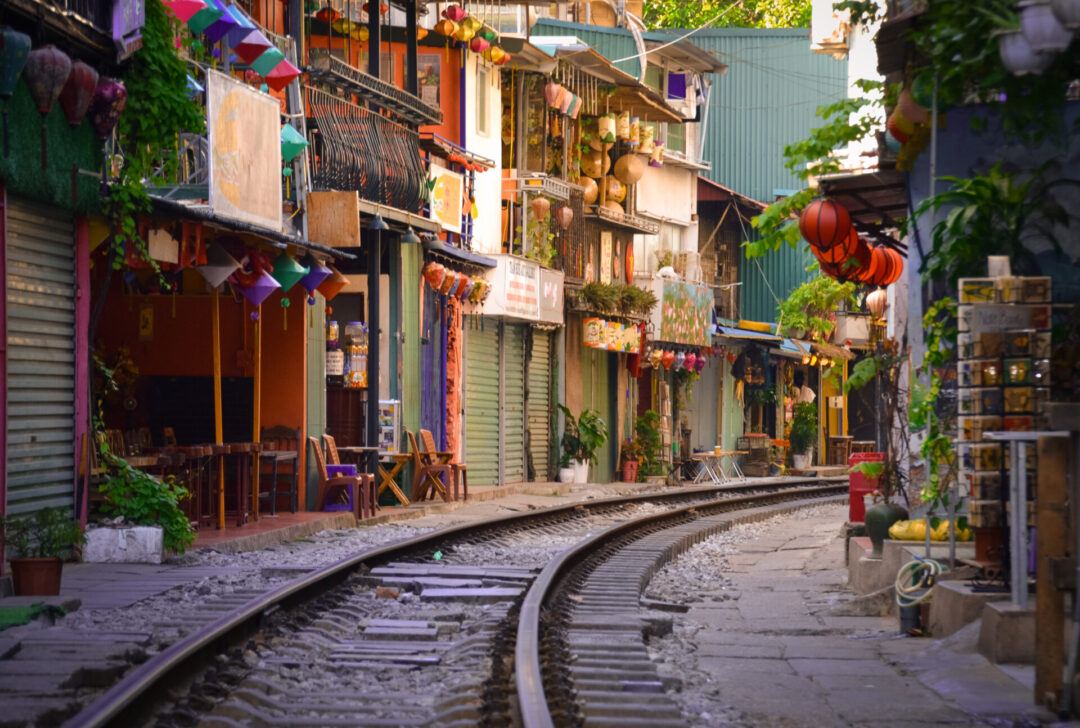 An empty corner along Train Street, a famous train track that runs mere inches away from homes and coffee shops in Hanoi, Vietnam