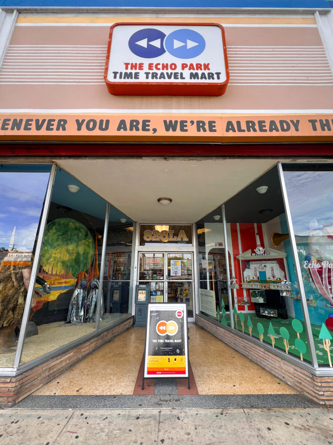 The facade of The Echo Park Time Travel Mart in Los Angeles, California
