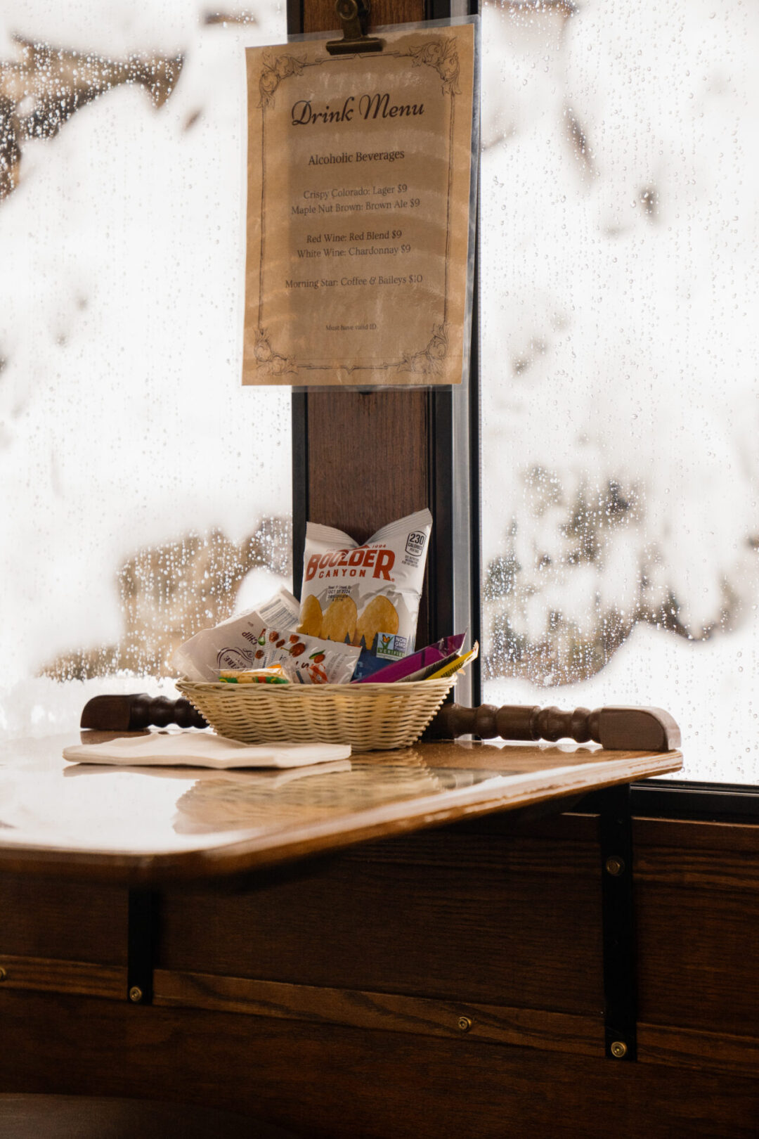 Georgetown Colorado Travel: A basket of snacks on a table inside the Georgetown Loop Railroad in Colorado