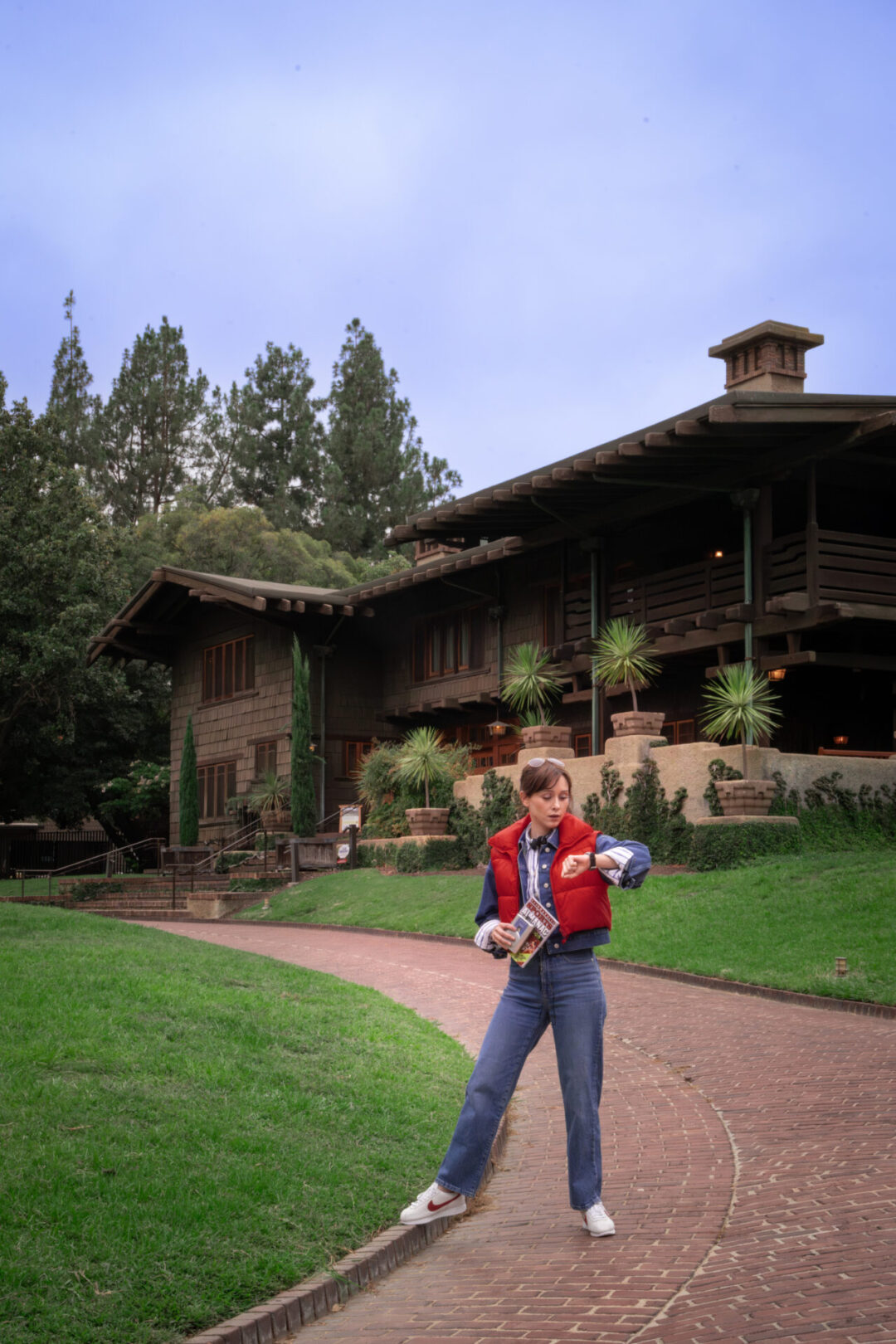 Back to the Future Travel Guide: Travel Blogger Jordan Gassner dressed as Marty McFly outside The Gamble House in Pasadena, California