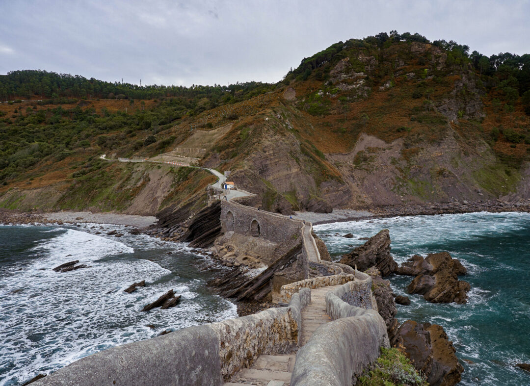 Looking back along the stone staircase at San Juan de Gaztelugatxe islet in Bermeo, Basque Country, Spain, Europe