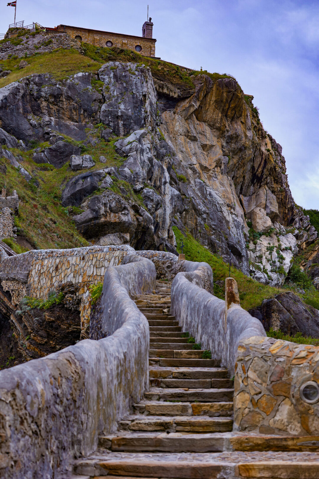 Stairs with leading to the hermitage on a Gaztelugatxe islet in the Basque Country, Spain.