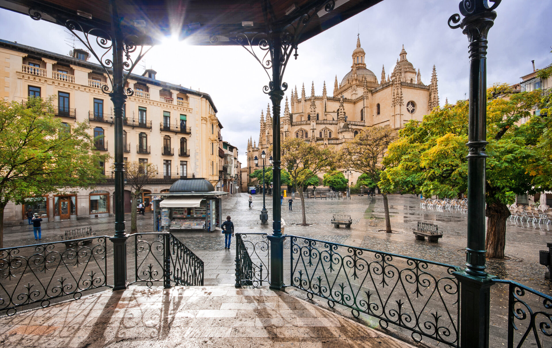 Plaza Mayor with Catedral de Santa Maria de Segovia in the background in the historic city of Segovia in Spain