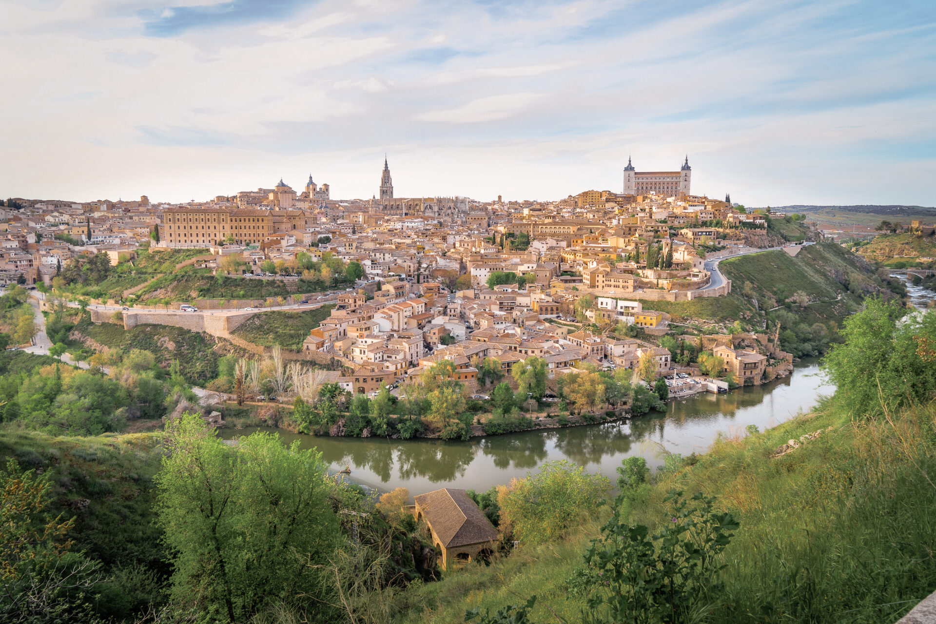 The skyline of the medieval city of Toledo from Mirador del Valle in Spain