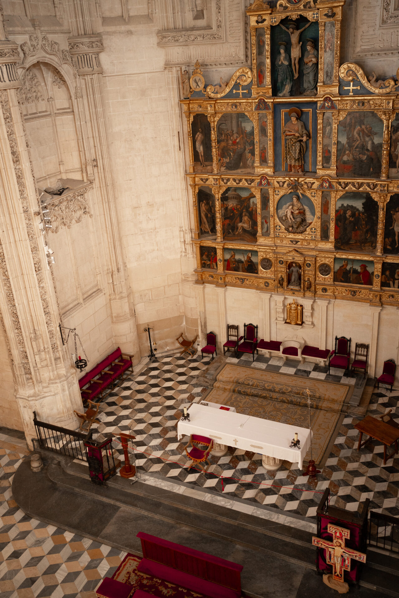 The second floor balcony view at the altar inside theMonastery of San Juan de los Reyes in Toledo, Spain