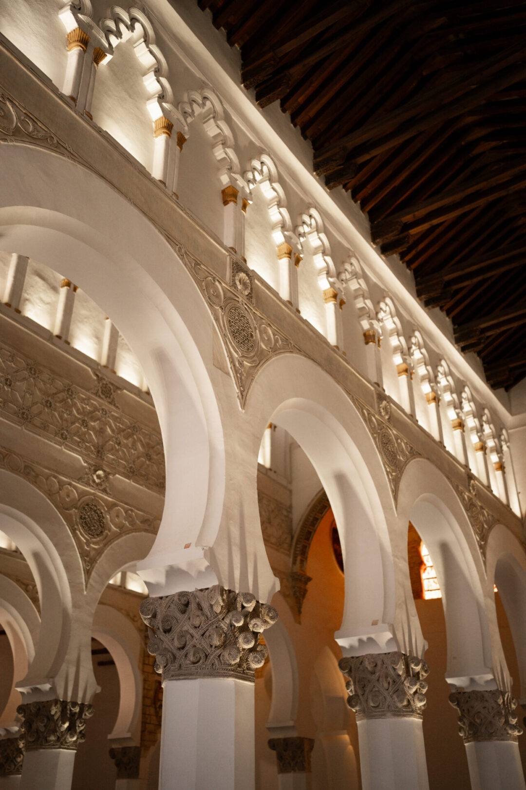 The beautiful architectural details inside Sinagoga de Santa María La Blanca, a 13th century synagogue in Toledo, Spain