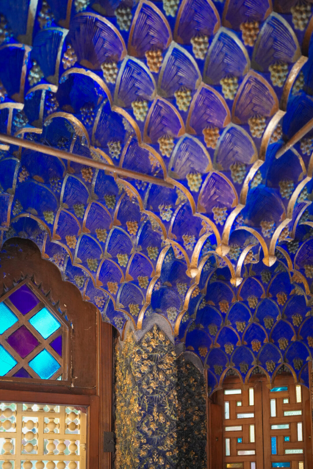 The dark blue and gold ceiling inside one of the rooms at Casa Vicens in Barcelona, Spain