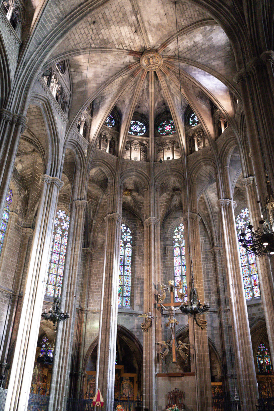 A view of the high nave inside Barcelona Cathedral in Spain
