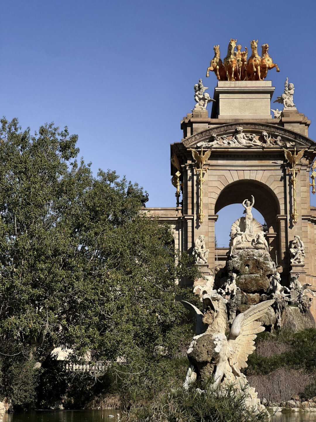 The giant stone and gold fountain inside Ciutadella Park in Barcelona