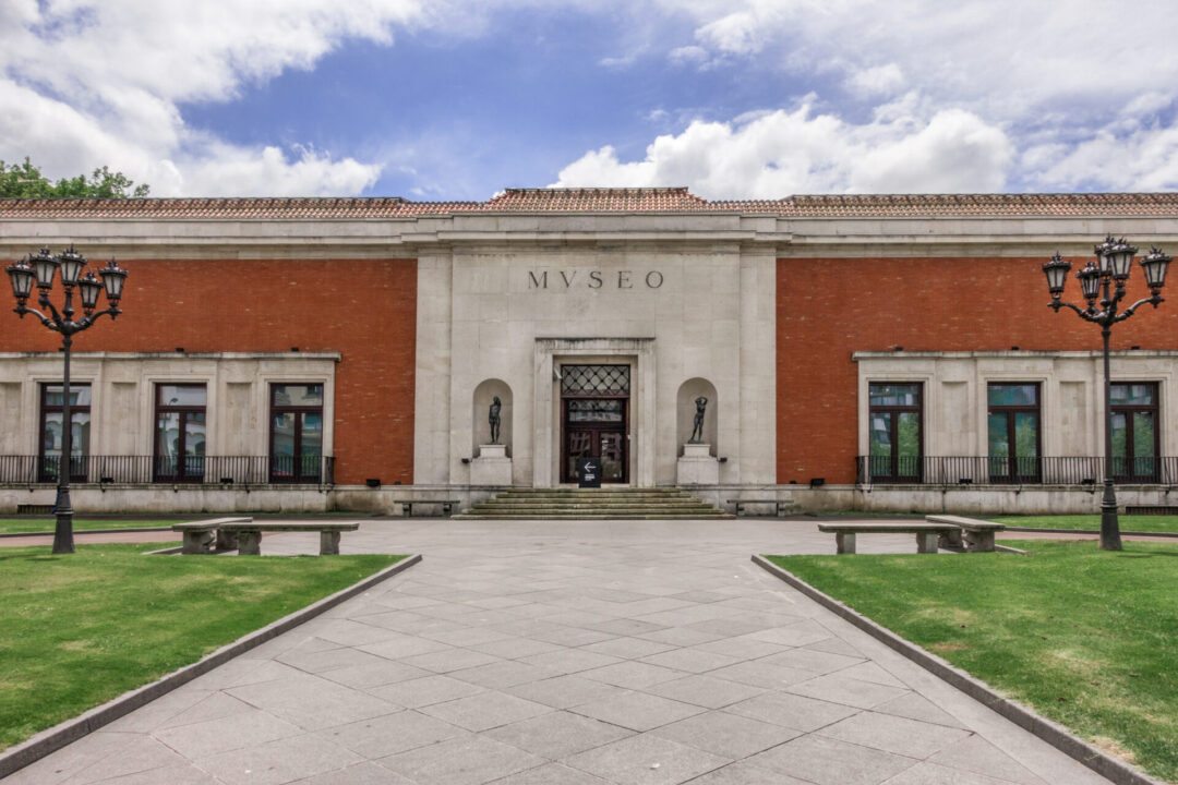 The front entrance to the brick building housing Bilbao's Fine Arts Museum in Spain