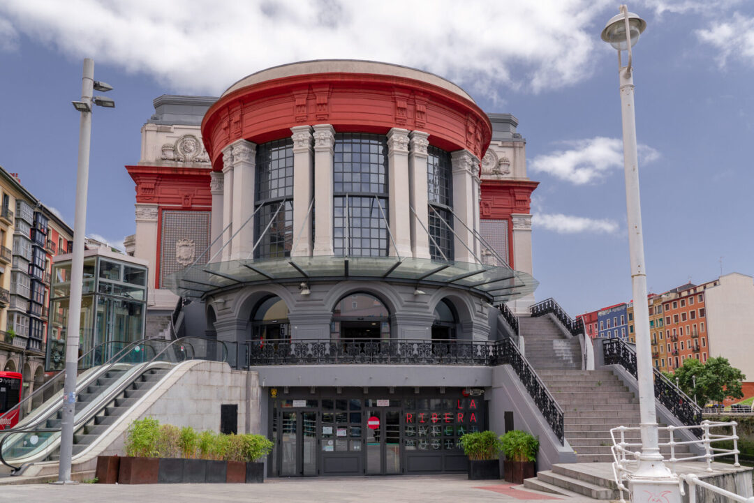 The entrance to Mercado de la Ribera in Old Town Bilbao in Basque Country, Spain