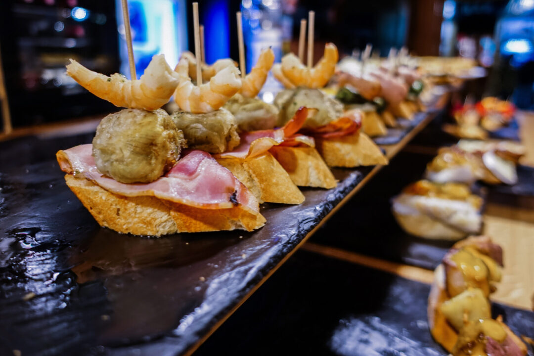A tray of Spanish pintxos (tapas) from Bilbao in Northern Spain