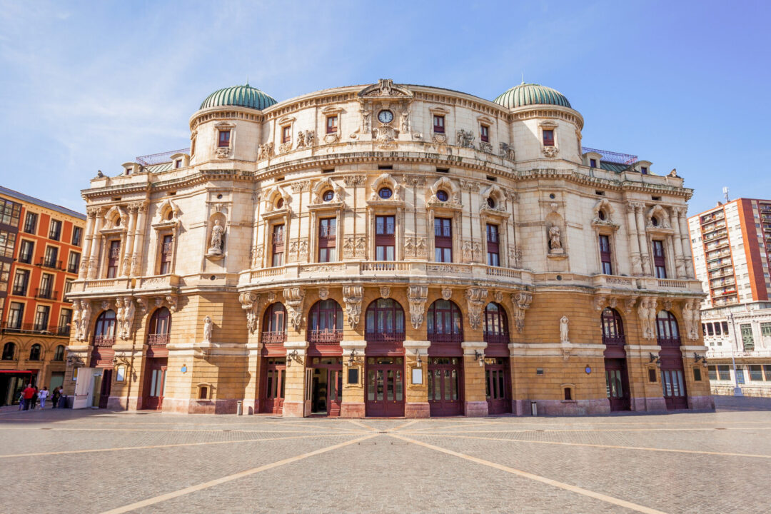 The exterior of the Arriaga Theater, an opera house building in Bilbao, Basque Country in Northern Spain
