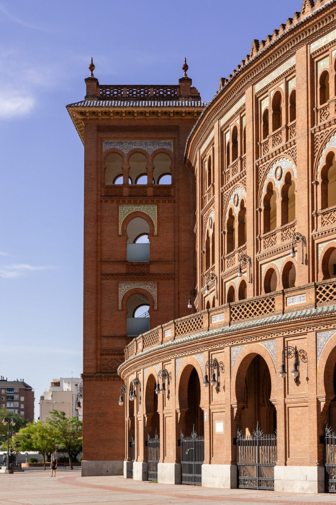 The side of the curved Las Ventas Bull Ring, a Moorish style building in Madrid, Spain