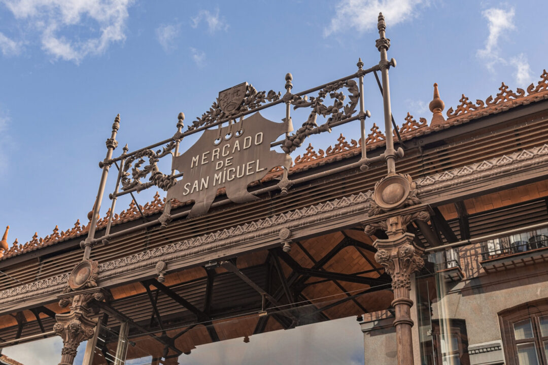 The sign above the covered San Miguel Market entrance in Madrid, Spain