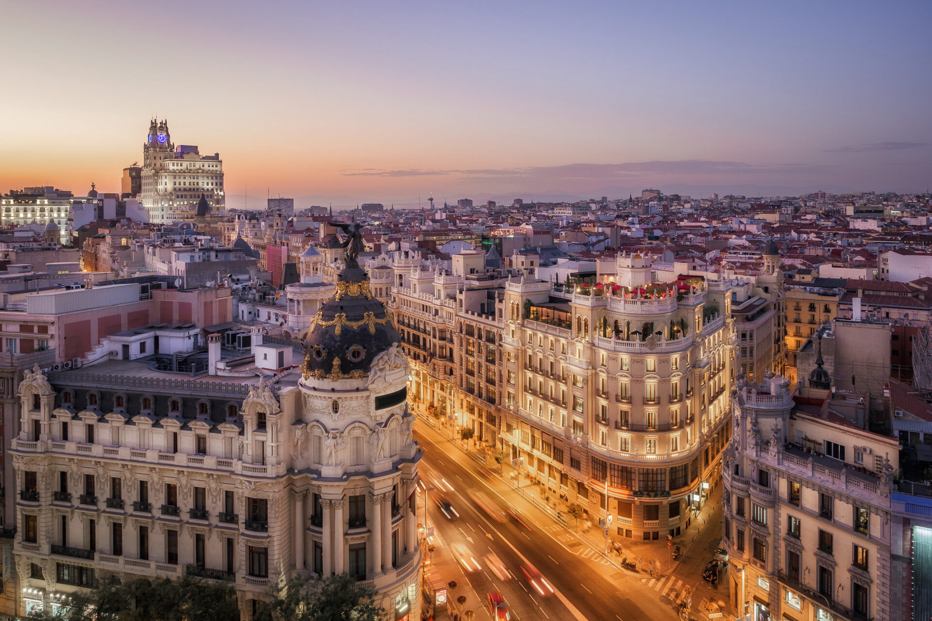 Panoramic rooftop view of the historical architecture along Gran Via in Madrid, Spain