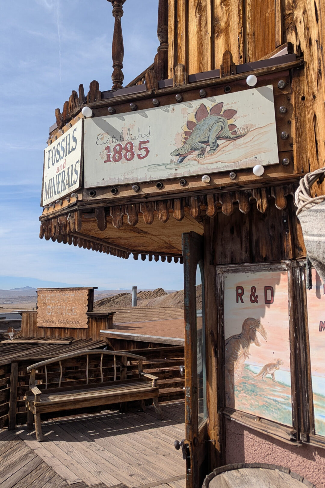 The sign along a storefront for Fossils and Minerals inside Calico Ghost Town in California
