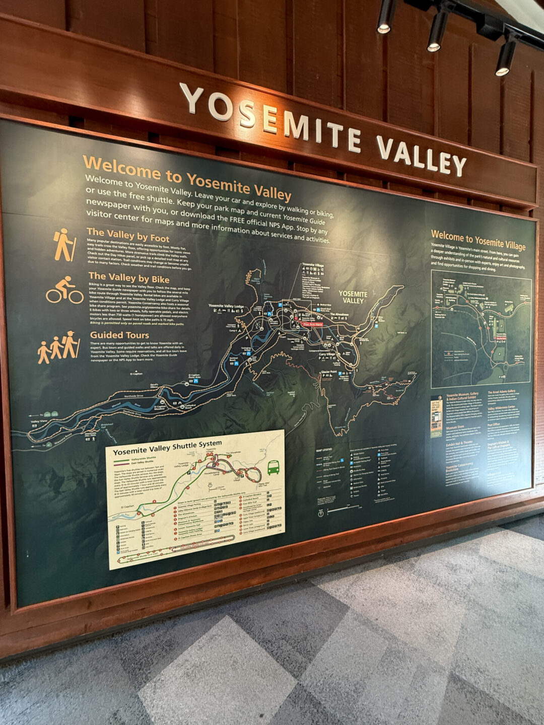 Yosemite Weekend: An information board inside the Welcome Center at Yosemite National Park