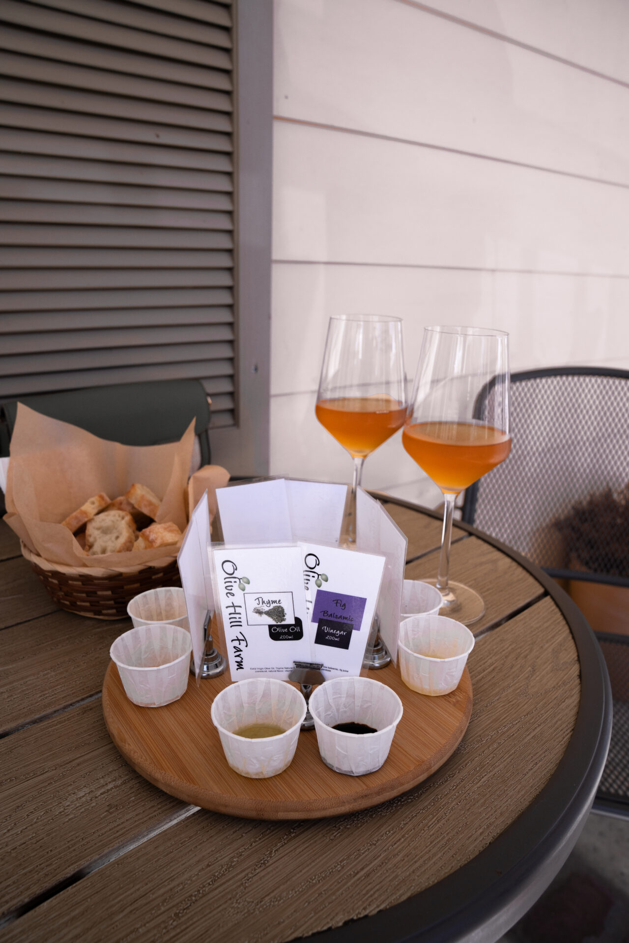 An orange wine and olive oil tasting at Olive Hill Farm in Los Olivos, California