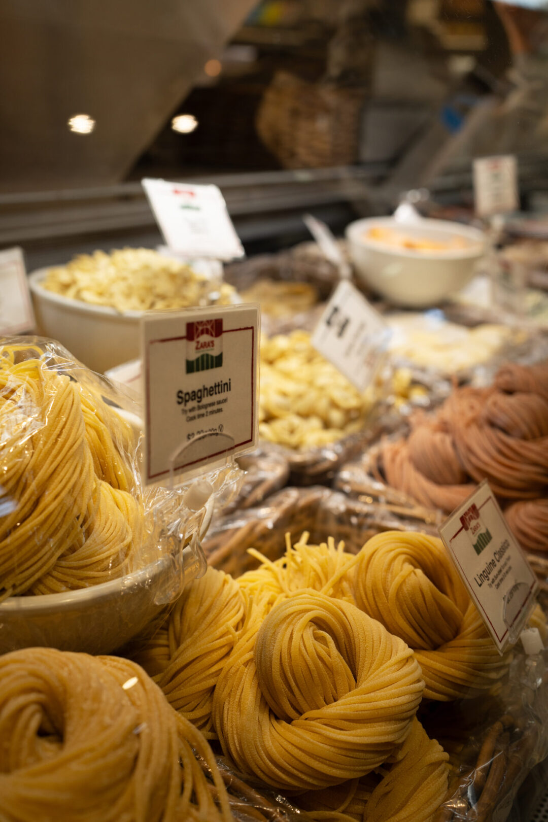A case full of homemade pasta noodles inside Granville Island Public Market in Vancouver, Canada