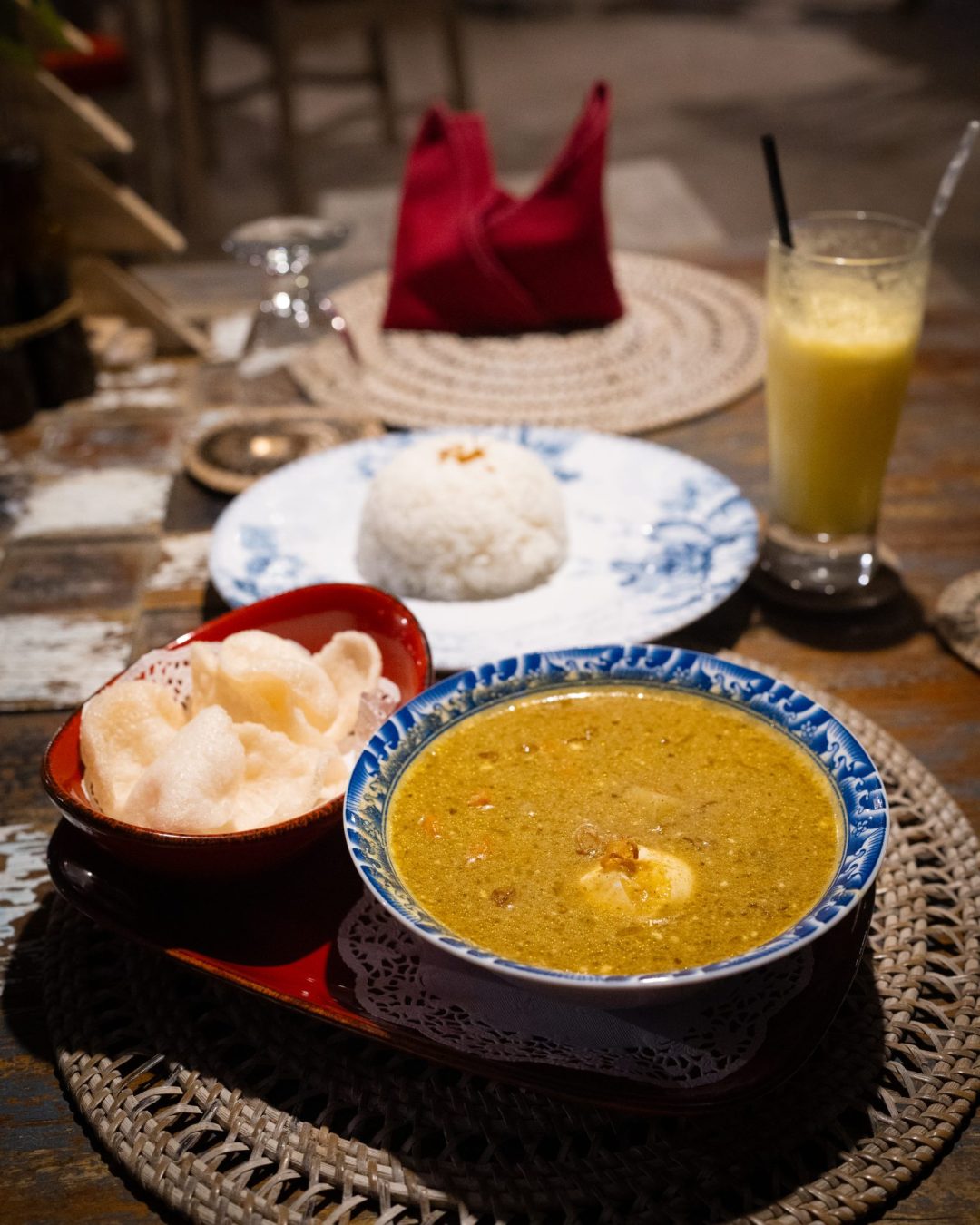 A curry dish and side of rice served for dinner at Cemara Beachfront Suite hotel in Sumba, Indonesia