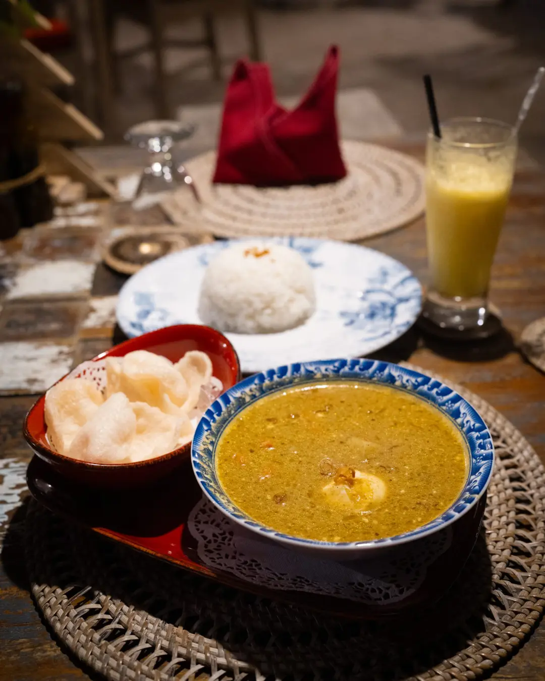 A curry dish and side of rice served for dinner at Cemara Beachfront Suite hotel in Sumba, Indonesia